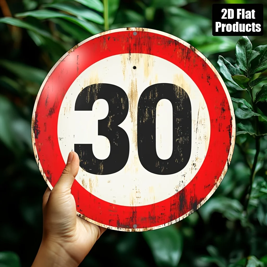 2D Plano, 1 Letrero de metal de aluminio redondo con límite de velocidad vintage 30 - Decoración rústica de pared para el hogar, bar, cafetería, oficina - 20,32 cm x 20,32 c