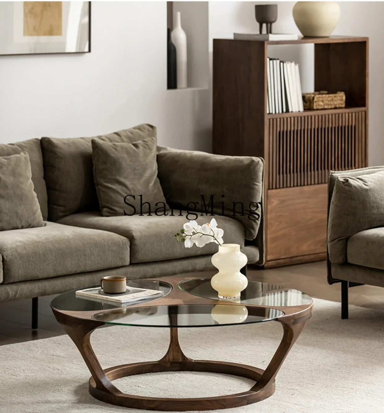 SM household brown glass round coffee table black walnut coffee table modern simple low table