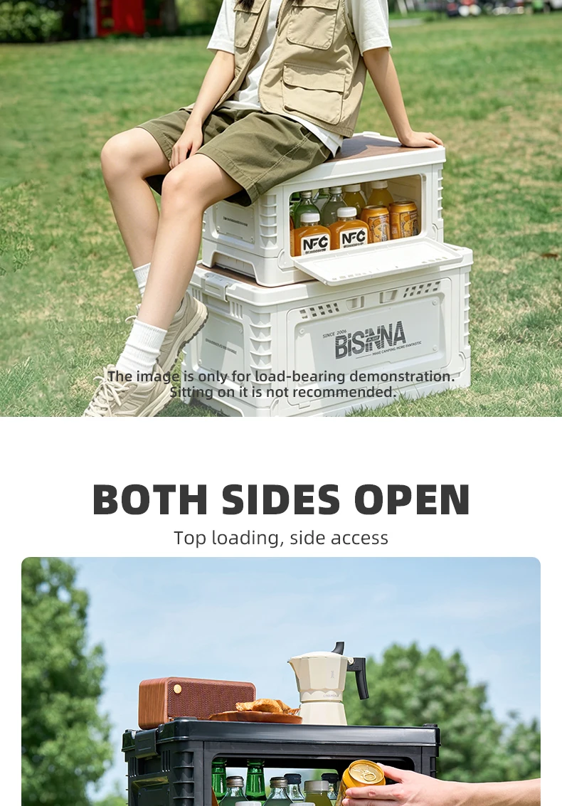 BISINNA Camping Box 30L/60L Large Capacity Folding Storage Box Car Trunk Wooden Lid Home Bedside Table for Outdoor Picnic Travel
