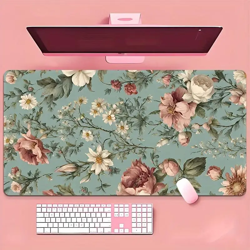 Teal Pastel Floral Desk Pad large mouse pad rubber anti-slip edge locking office mat pc accessories gaming mats Computer Desks
