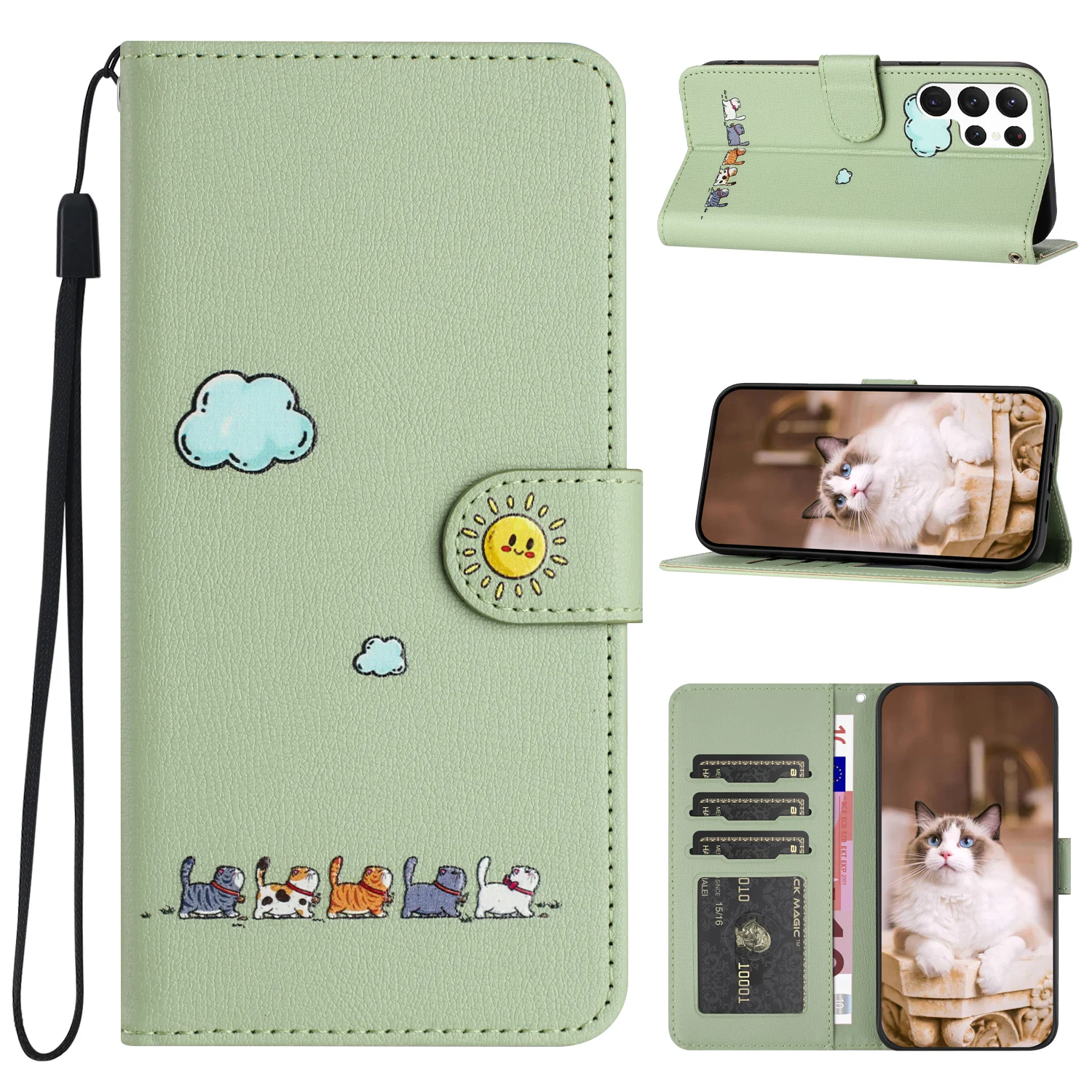 

Cute Leather Case For Samsung Galaxy S23 Ultra S22 S21 Fe S20 Plus Note 20 Clip Card Slot Lanyard Shockproof Stand Phone Cover