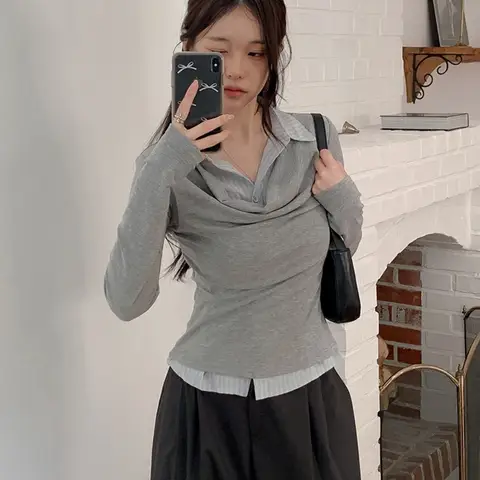 슬림핏 스트라이프 긴팔 셔츠 여성 패션 다용도 칼라 패치워크 튜닉 탑 출퇴근 스타일 중국 제조업체