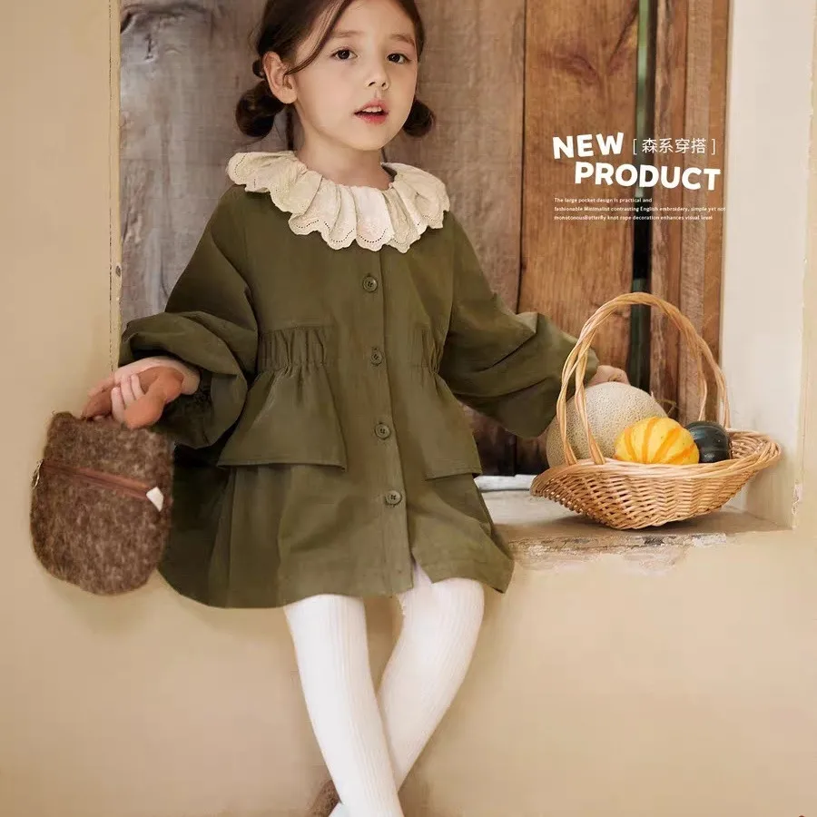 Girls Solid Color Trench Coat Spring Fall New Kids Doll Collar Lapel Jacket Baby Sweet Fashion Outerwear Children Casual Coat