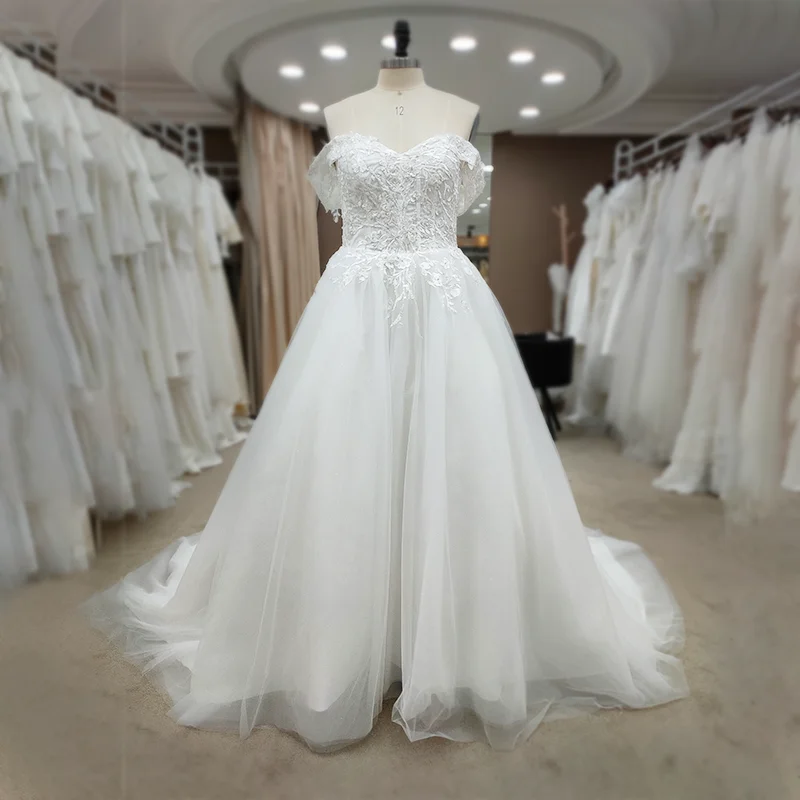 100% Real Photos Off-Shoulder Sweetheart Short Sleeve Backless Ball Gown Wedding Dress Elegant 2020