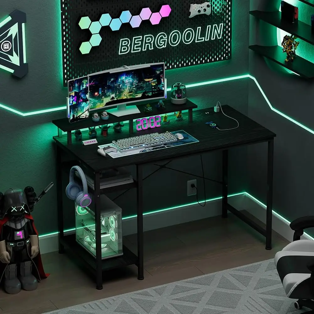 Gaming Desk 47 H With Led Lights And Monitor Stand,Height Adjustable Storage Shelves,Power Outlet And Headphone Hook,Reversible