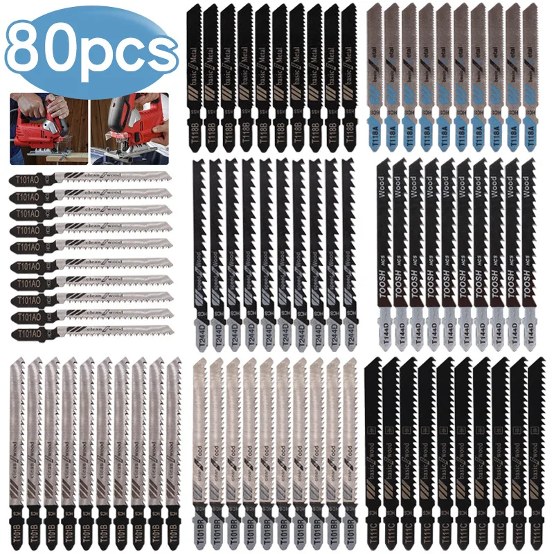 80 Pcs Curve Saw Blade Set Assorted T-Shank Replacement Blades for Wood, Plastic, and Metal Cutting Versatile Saw Blades Kit