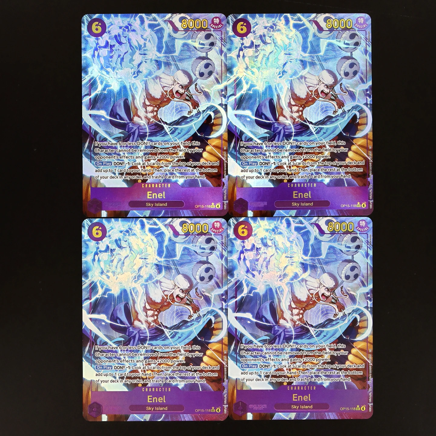 One Piece TCG OPCG Inglês OP15-118 Enel SEC OP15 Deck 6 Cartas Colecionáveis de Anime com Textura Roxa e Relevo de Enel de Custo 6