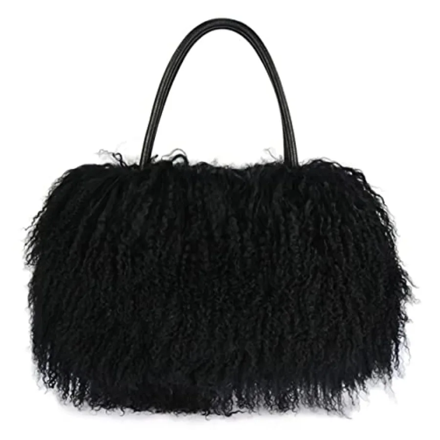 Women Luxury Real Lamb Mongolian Flush Wool Fur Handbag with Genuine Leather Handles, Beige, Ultra-Soft Texture and Premium Cra