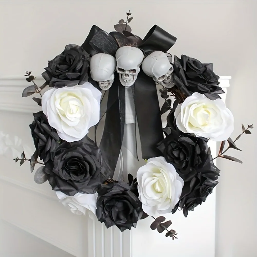 1PC Halloween Home Ghost Door Hanging Skull Rose Rattan Wreath Wreath Haunted House Horror Party Decorations