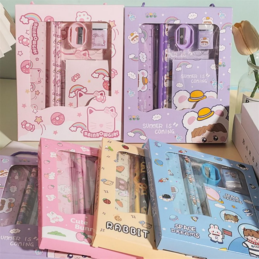 Cartoon Rabbit Pencil Ruler Eraser Sharpener Stationery Set Student School Office Writing Supplies Kindergarten Kids Gift