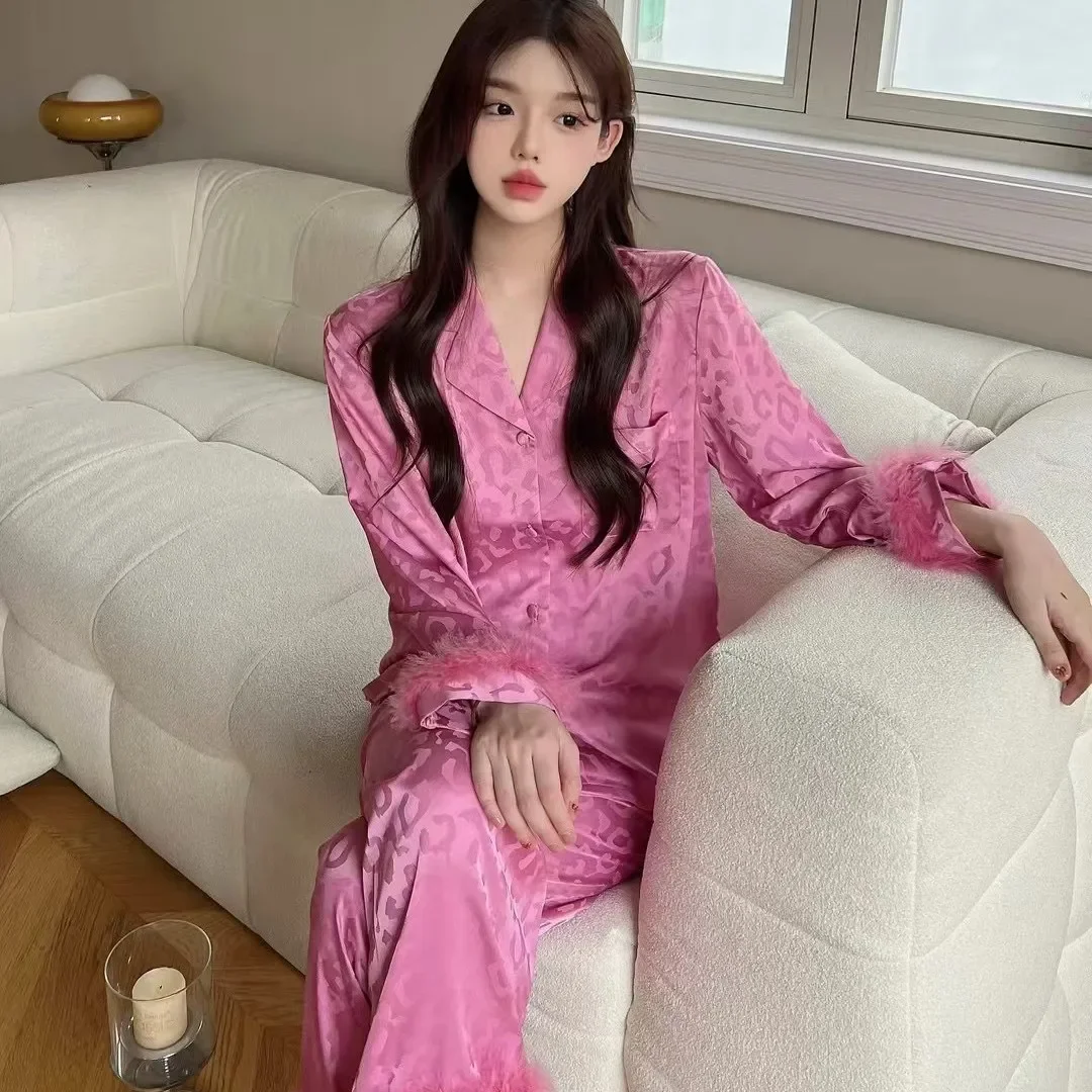 

Жаккардовый пижамный костюм, роскошный женский пижамный костюм из искусственного шелка с вышивкой, свободная одежда для отдыха, рубашка и брюки, летний комплект брюк, одежда для сна