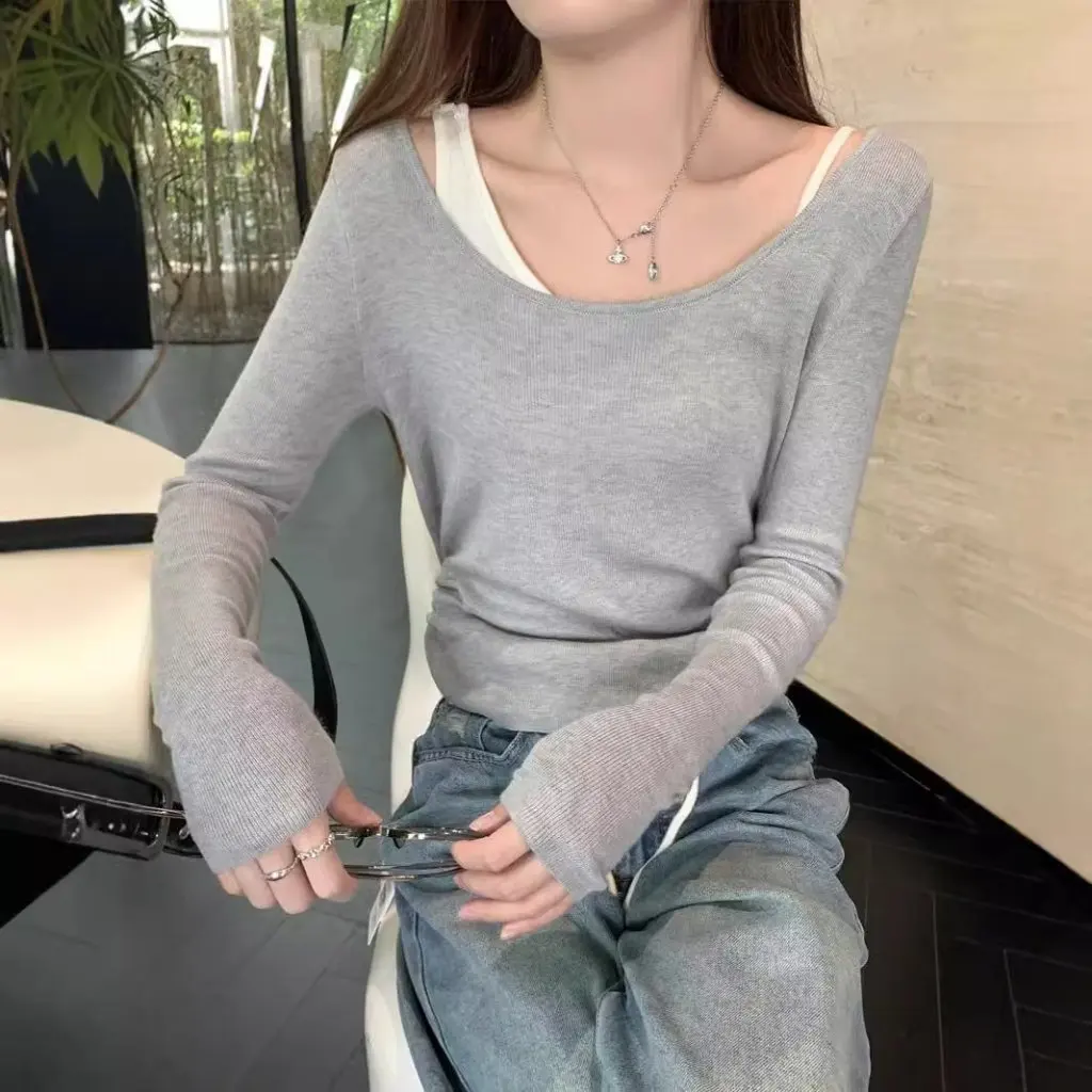 

Minghai Women's Long-Sleeved Wool Knitwear Korean Style Loose Fit Pleated Top Autumn New Contrasting Two-Piece Look