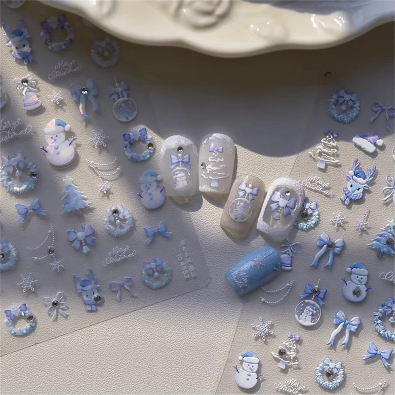 1 Stück Weihnachten Nägel Aufkleber Rosa Blau Schneemann Bogen Knoten Elch Kristall Diamant Kleber Nail Art Aufkleber Neujahr 2025 Deco Aufkleber