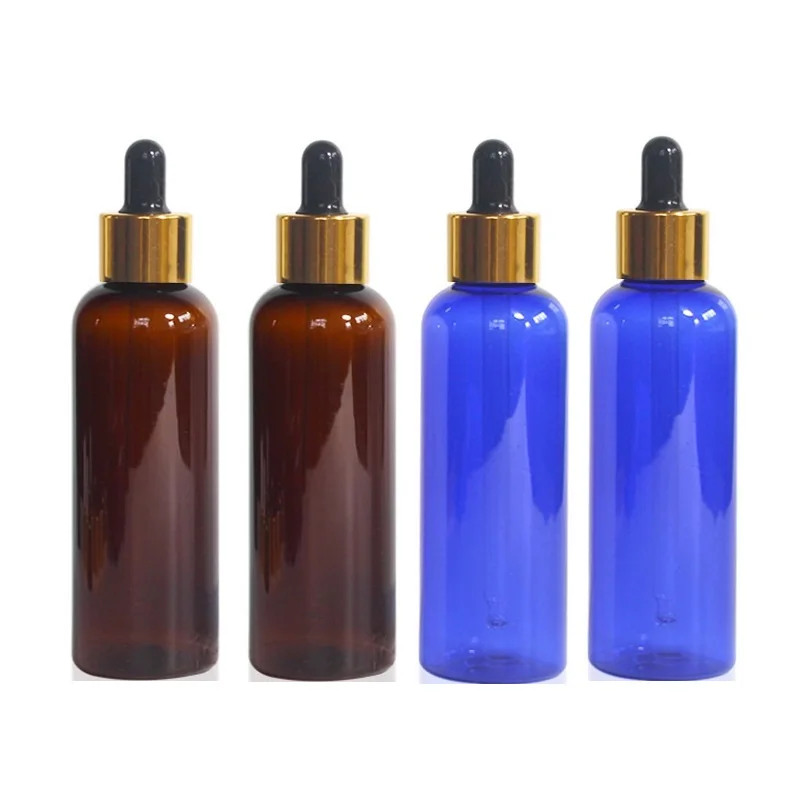 50pcs 100ml Plastic Dropper Bottle Shiny Gold Ring Black Top Clear White Blue Brown Empty Cosmetic Essential Oil Refill Bottles