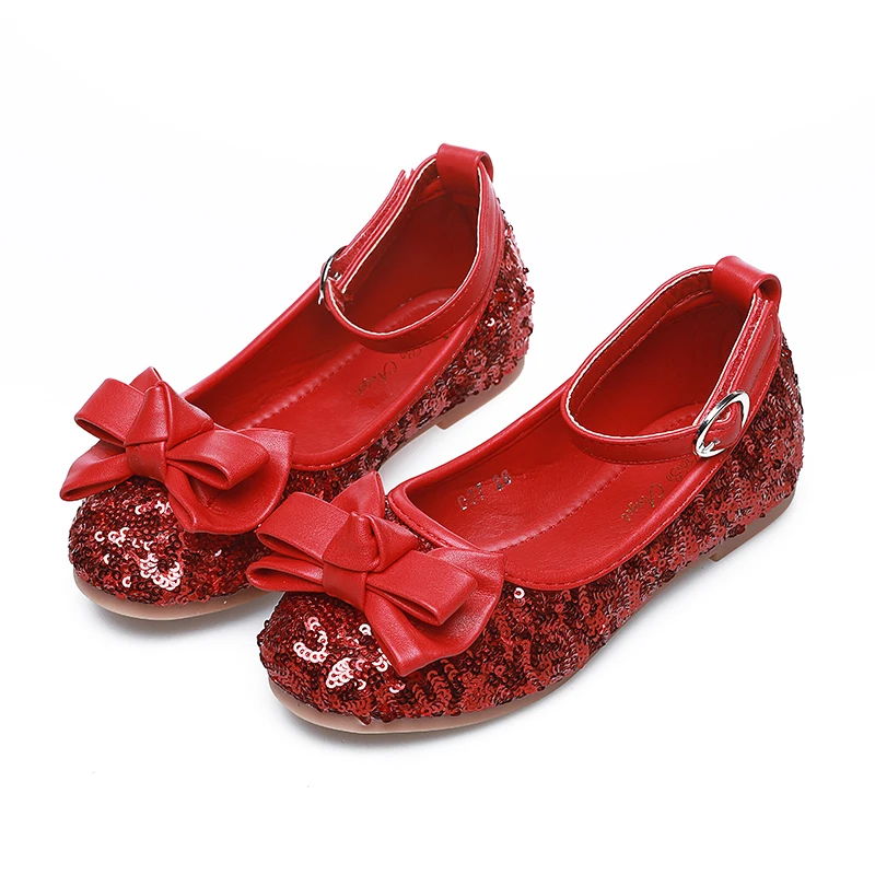 Bling red and blue sequin toddler girls kids dress shoes with bow tie children princess shoes