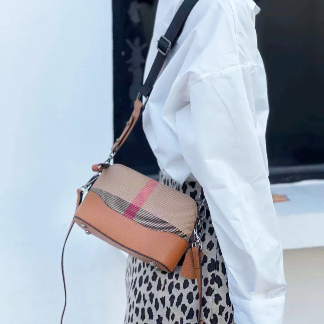 Versatile Women Shoulder Bag High Quality Stripes Plaid Canvas Leather Female Messenger Bag Luxury Lady Camera Purse Handbag