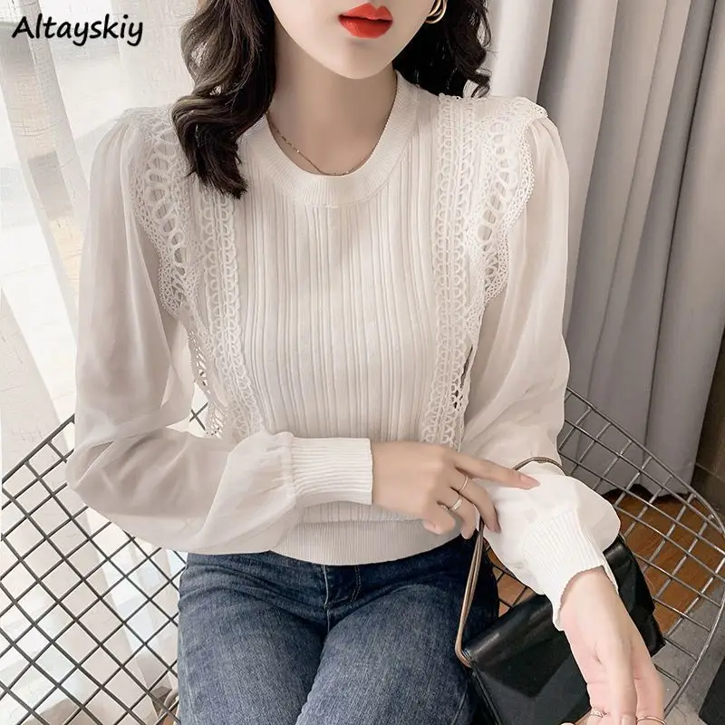 

Pullovers Women Elegant Office Lady Ruched Spliced Loose Chic O-neck French Style Knitted Design Aesthetic Daily Popular Leisure