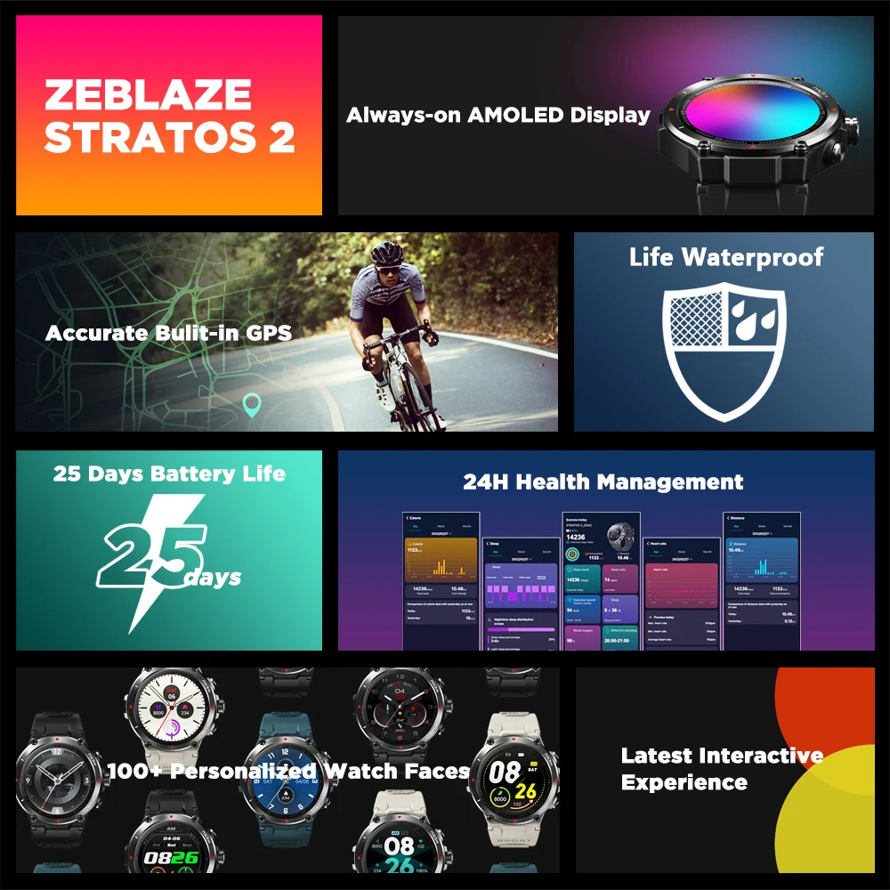 [The New 2022] Zeblaze Stratos 2 GPS Smart Watch AMOLED Display 24h Health Monitor Long Battery Life Smartwatch for Men