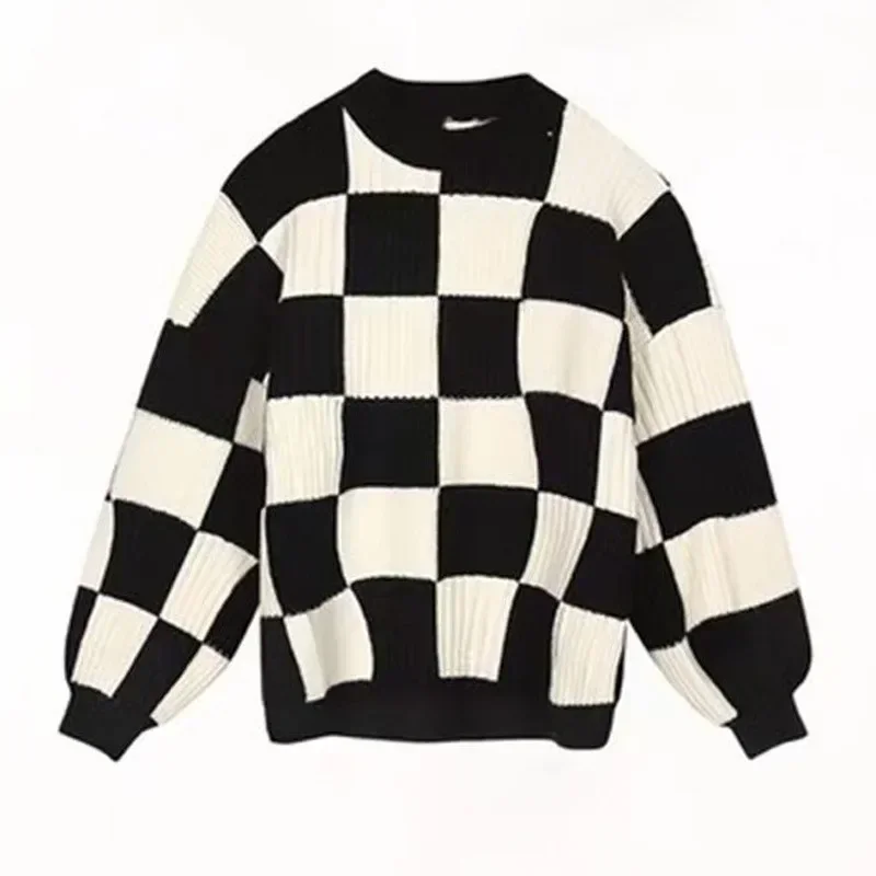 Spring Autumn Women Checkerboard Knitted Sweater Autumn Korean Casual Warm Loose Long Sleeve Top Female Streetwear Y2k Clothes