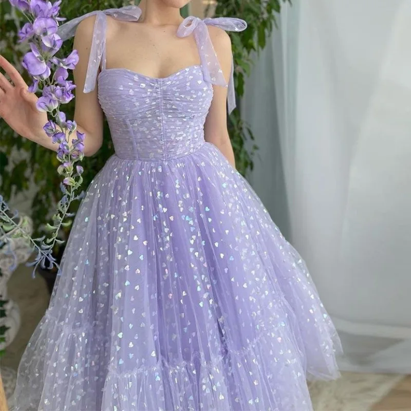 

Lavender Hearty Tulle Prom Dresses Sweetheart Spaghetti Straps A-Line Wedding Party Dresses Tea-Length Evening Gown 2023 New