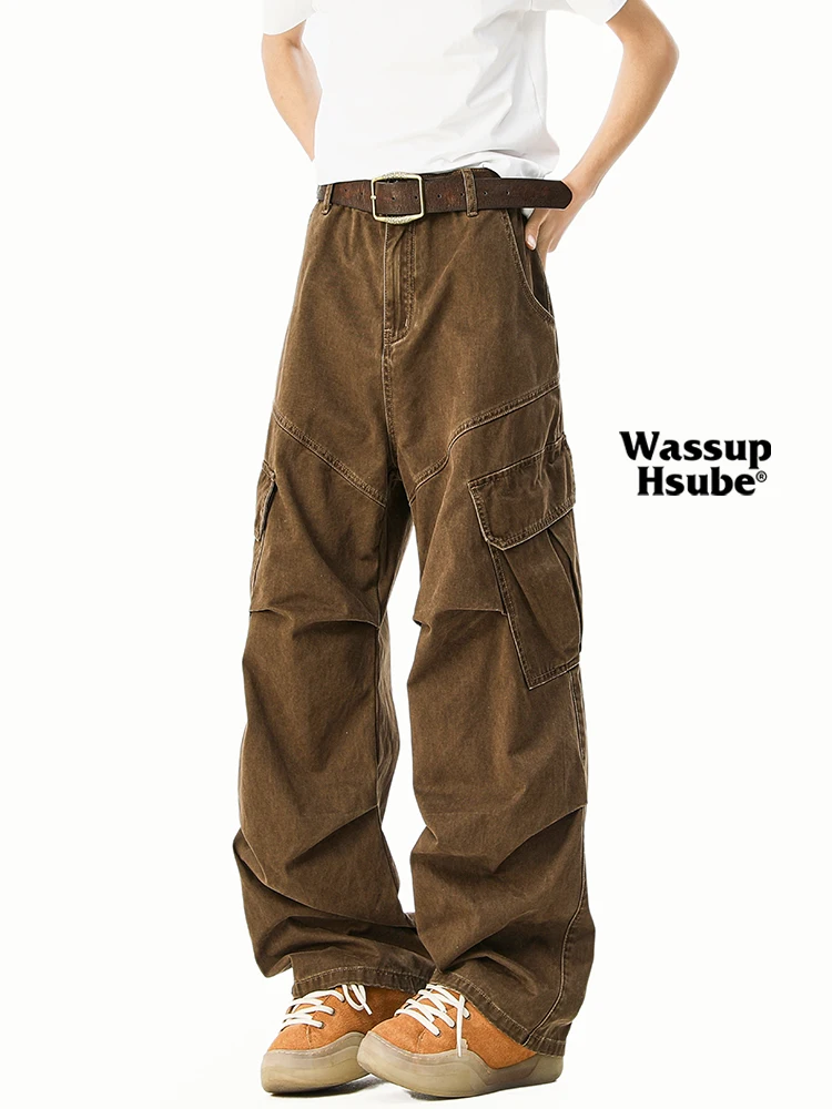 

Мужские брюки WASSUP HSUBE в американском ретро-стиле, повседневные, модные, брендовые, с эффектом складок, рабочие, в уличном стиле, длинные, свободного кроя, молодежные
