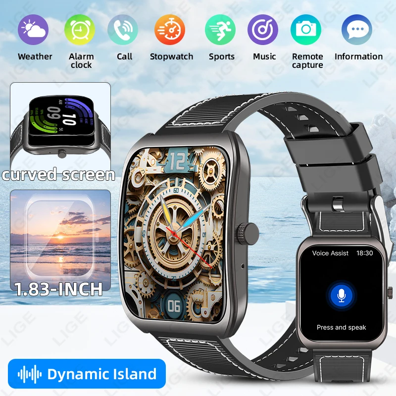 

LIGE New GPS Tracking Smart Watch LED Flashlight 1.83inch HD Screen Compass BT Call Waterproof Sport Smartwatch For Android iOS