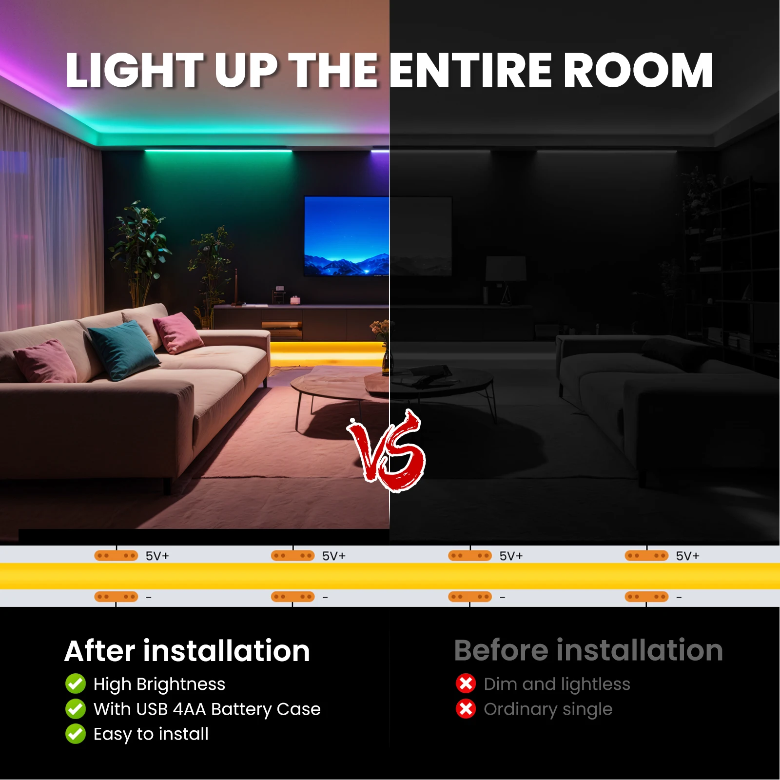 COB LED قطاع تيار مستمر 5 فولت 320 المصابيح/م بطارية تعمل بالطاقة LED أضواء للمطبخ مصباح كابينة الخلفية أبيض أحمر أخضر الجليد الأزرق الوردي الأصفر