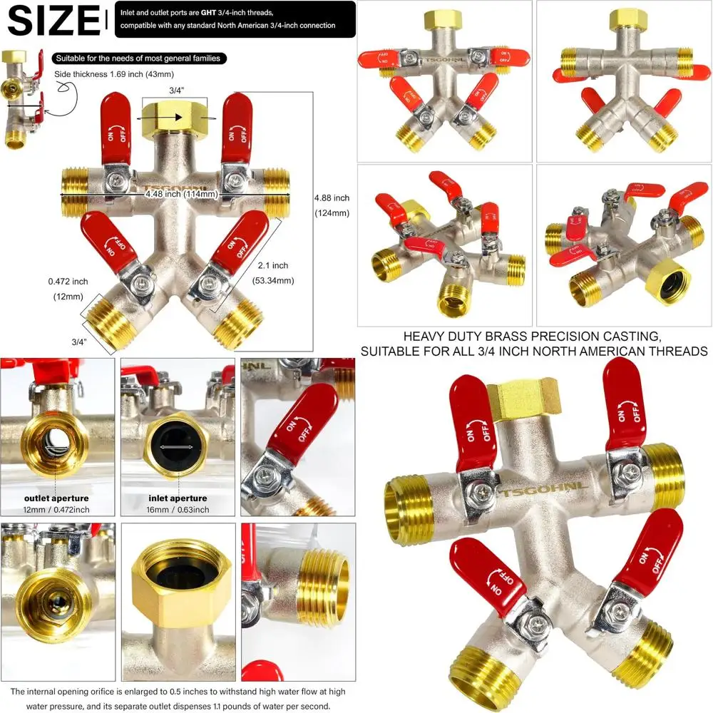 

Durable Brass 4-Way Hose Splitter with Nickel Plating, Weather-Resistant for Outdoor Use, 3/4 GHT (Red)