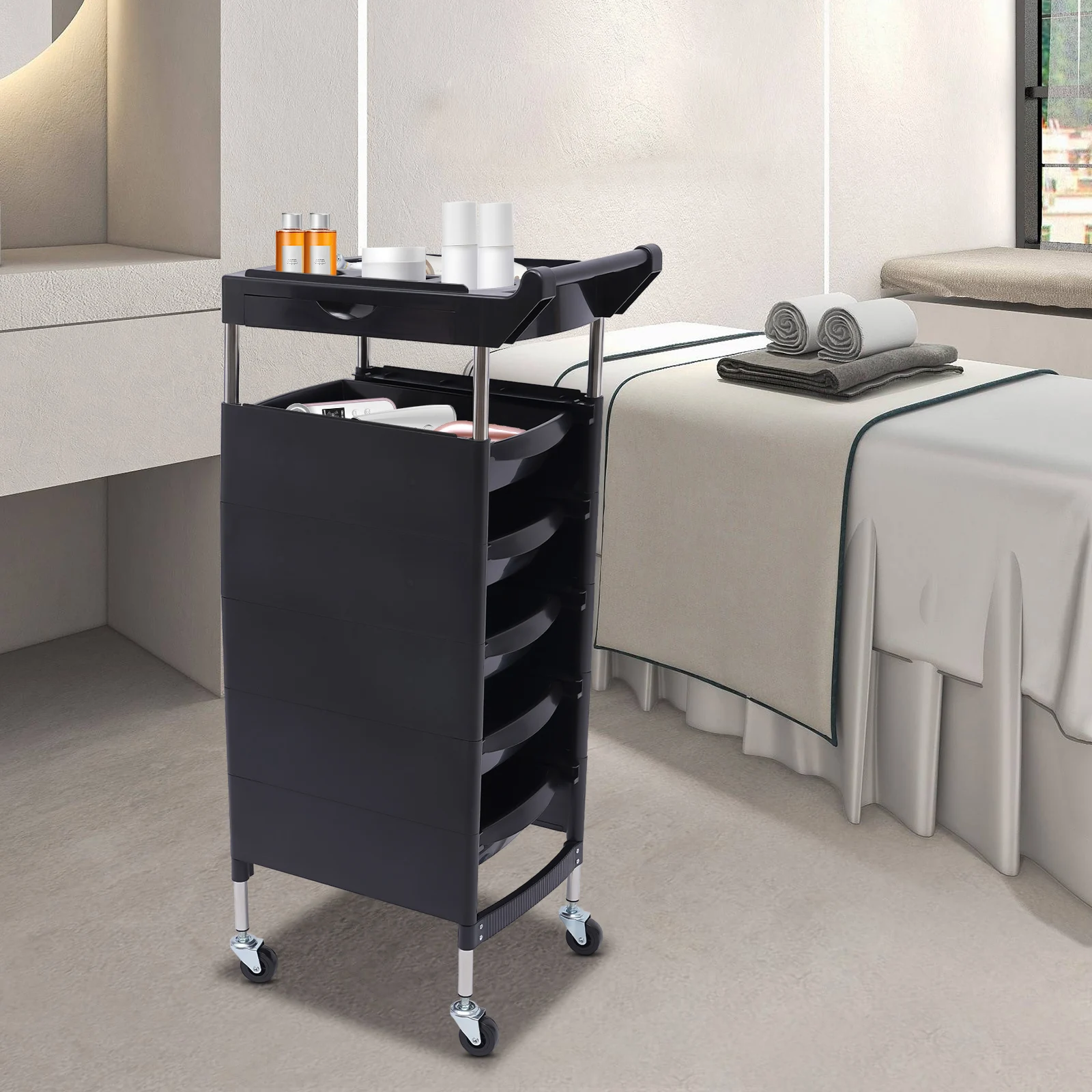 Salon Rolling Trolley with Wheels, 5 Drawers, 2 Side Tattoo Tray, Multifunctional Tool Storage Cart Supporting Hair Dryer Holder