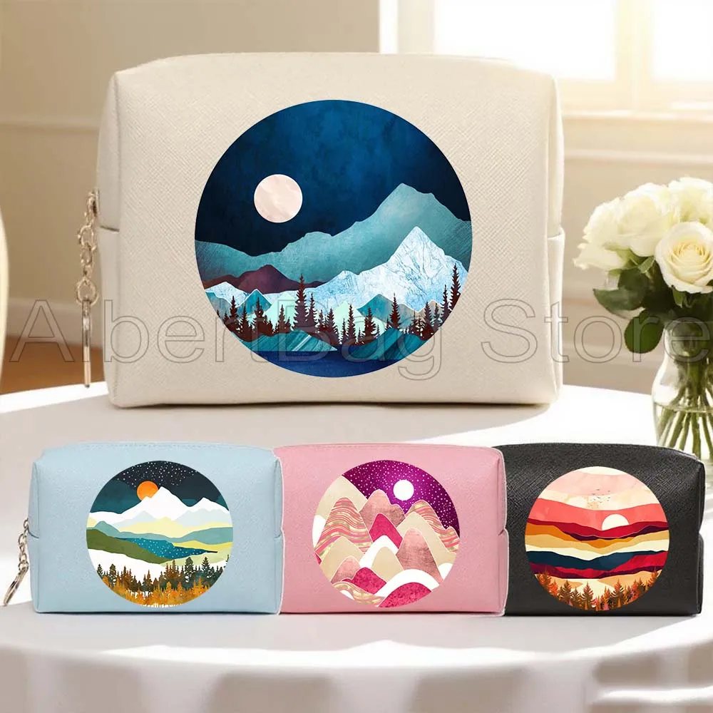 

Sunset Sunrise Forest Mountain Palm Ocean Sun Summer Beach Cute Gift PU Leather Cosmetic Bag Women Makeup Waterproof Storage Bag