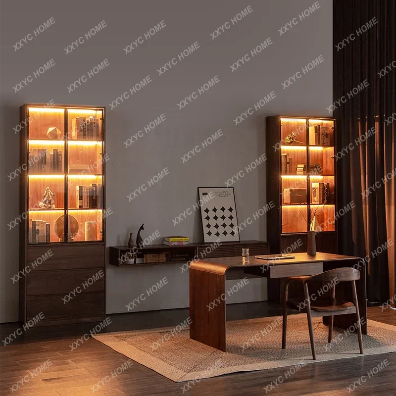

HHBlack Walnut Glass Display Cabinet Storage Living Room Side Cabinet