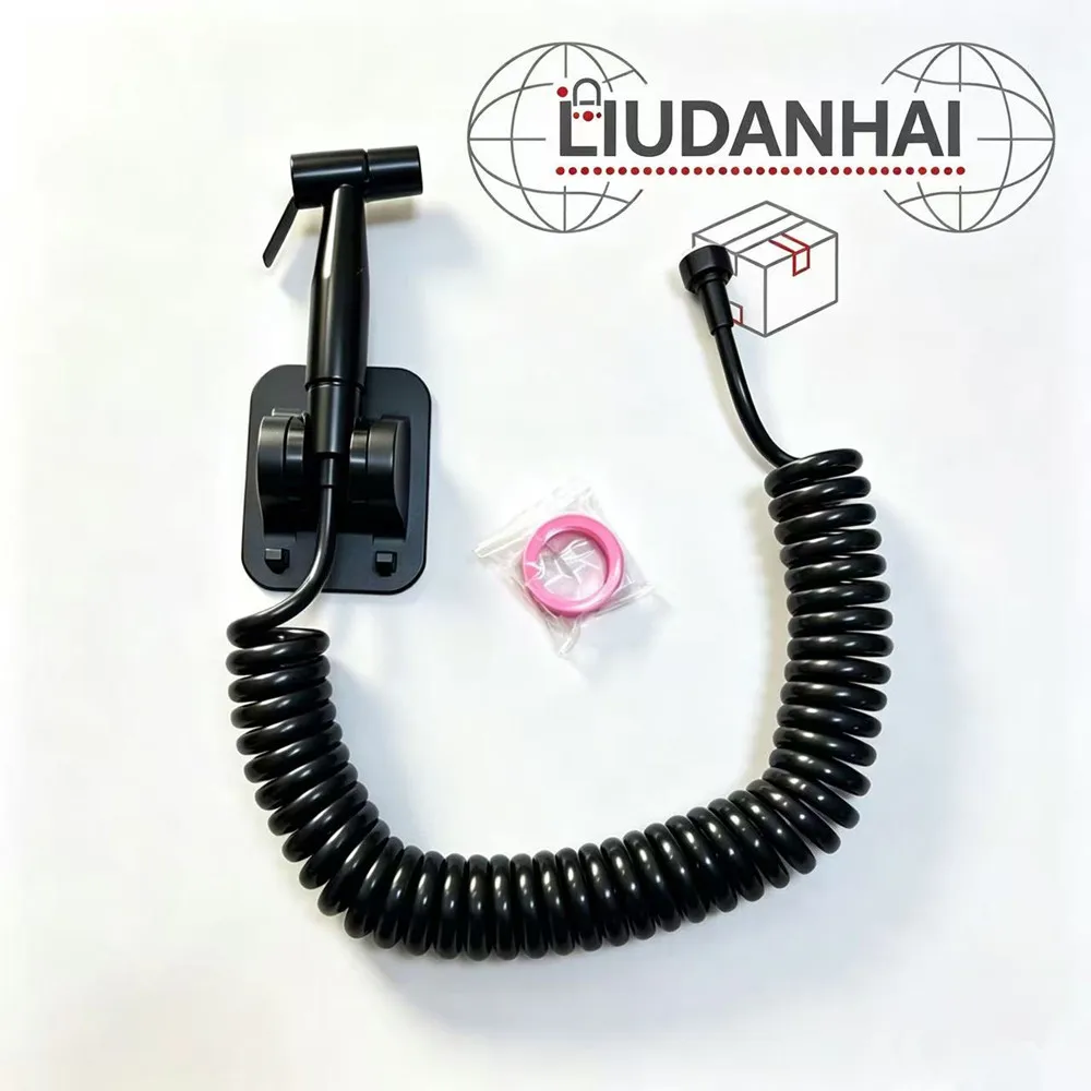 Black Handheld Shattaf Bidet Sprayer Set, No‑Drill Mount, Flexible Coiled Spring Hose for Home Bathroom Toilet Cleaning