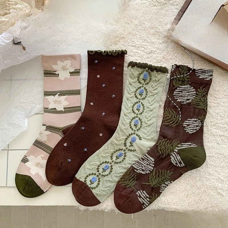 4 Paar Damensocken Neuheiten Neue Mode Blumen Crew Socken Kreative Blase Spitze Lässige Lange Alltagssocken Weibliche Atmungsaktive Socken