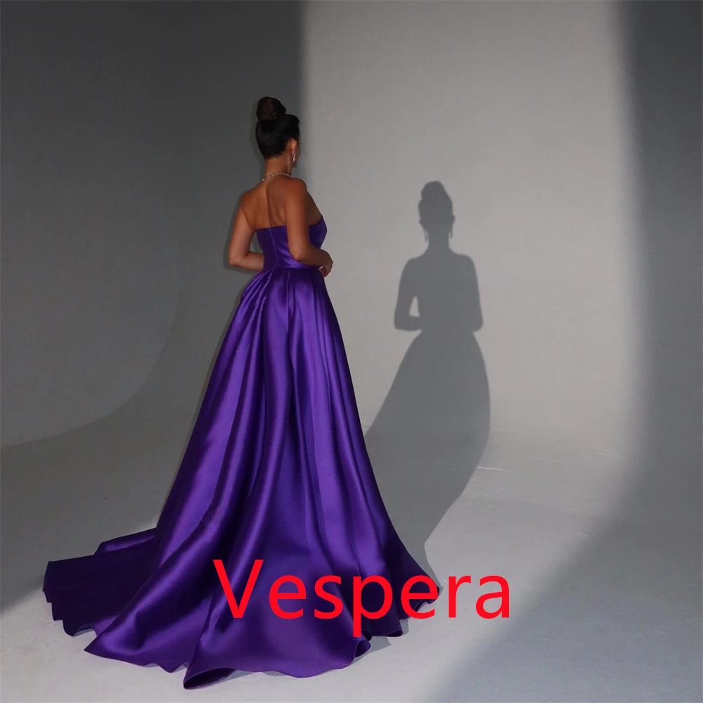 

Customized Luxury Purple Satin Evening Dresses Modern Strapless Sleeveless Homecoming Dresses Court Train Vestido De Festa