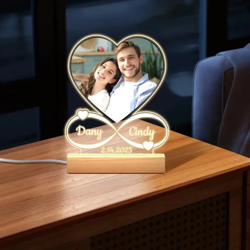 Personalizado acrílico romântico em forma de coração moldura de foto lâmpada de mesa personalizado dia dos namorados aniversário casal presentes