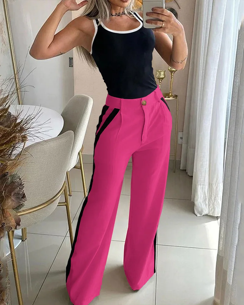 Contrast Binding Tank Top & Striped Pants Set Women Two Pieces Set Tracksuit Elegant Work Streetwear Crop Tops Y2k Matching Sets