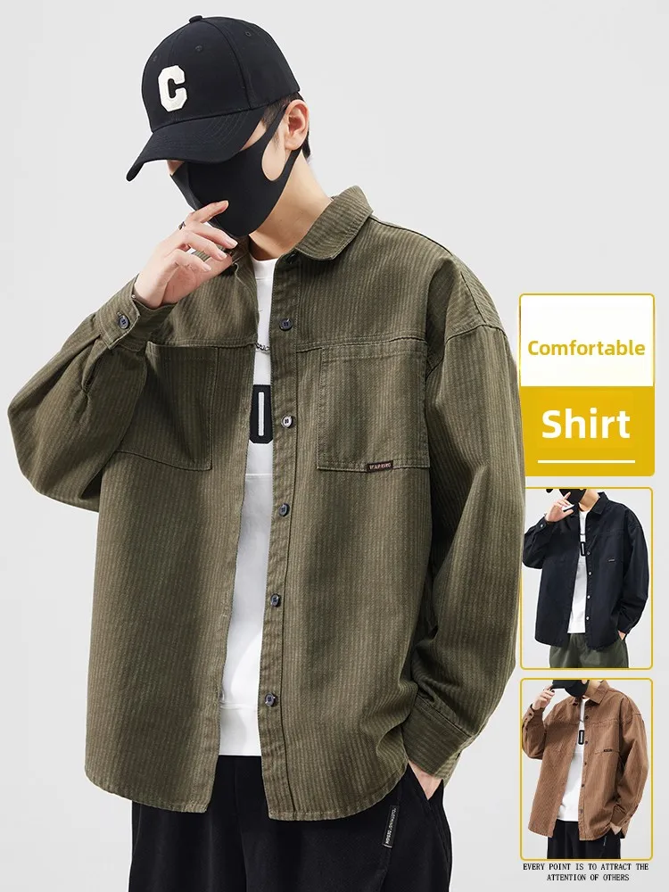 

Мужская повседневная рубашка с длинным рукавом, весна-осень, модная, свободная, универсальная, на пуговицах, из хлопка, молодежная, без бренда, китайского производства