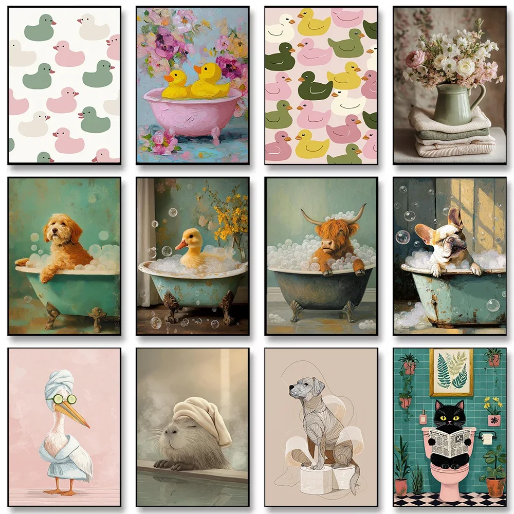 Frameless Canvas PaintingFun Bathroom Decorations Duckling Paper Roll Flower Bathtub Canvas Painting Wall Art Poster Picture Hom