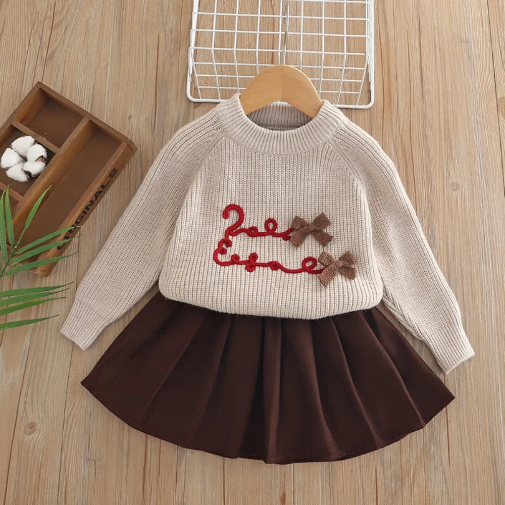 

Однотонная одежда для девочек Bear Leader, осень/зима 2021, вязаный свитер с длинными рукавами и украшением в виде банта, пуловер, комплект из двух предметов