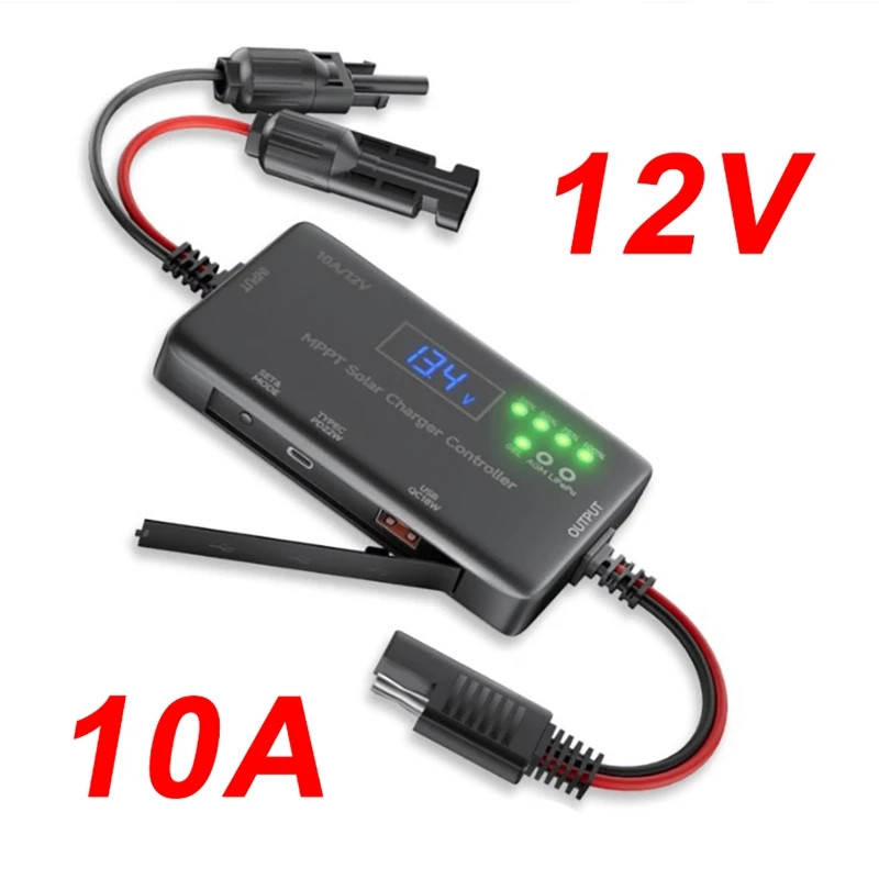 MPPT Solar Panel Charge Controller 12V 10A with Type-C and USB Output, Designed for GEL, AGM, Lifepo Batteries Charging Controll