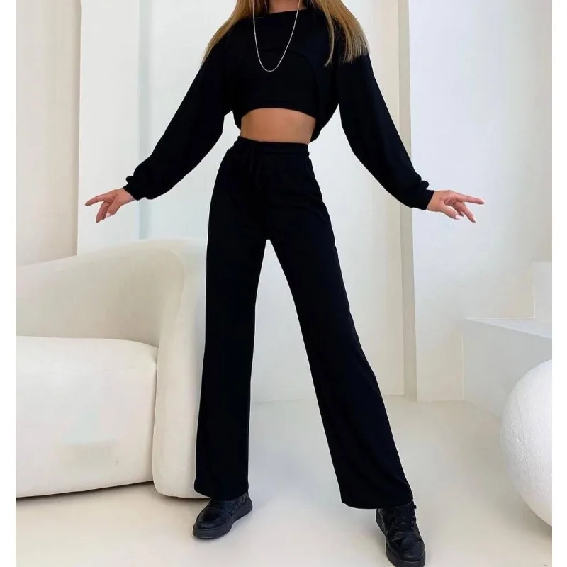 3PCS Women's Fashion Round Neck Crop  Long Sleeve Top & Pants Set Temperament Female Casual Clothes 3 Piece Set Outfit for Women