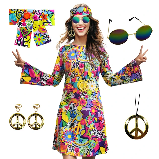 5pcs Set 60s 70s Women Hippie Costume Accessories Hippie Disco Dress Halloween Boho Flared Hippie Dress Dresses AliExpress