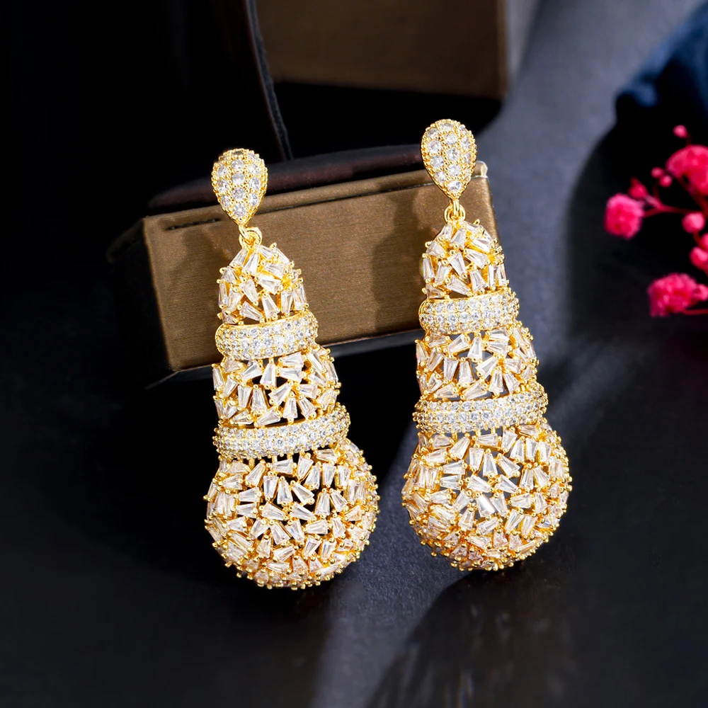 ThreeGraces Vintage Cubic Zirconia Stone Long Gold Color Bridal Drop Earrings for Women Luxury Dubai Party Costume Jewelry E1036