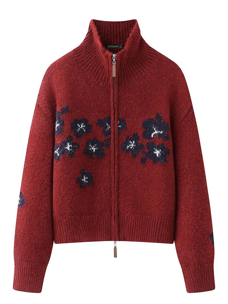 Retro Floral Red Cardigan Women Loose Stand Collar Long Sleeve Lazy Wind Knitted Sweater Fall Winter Vintage American Zipper Top