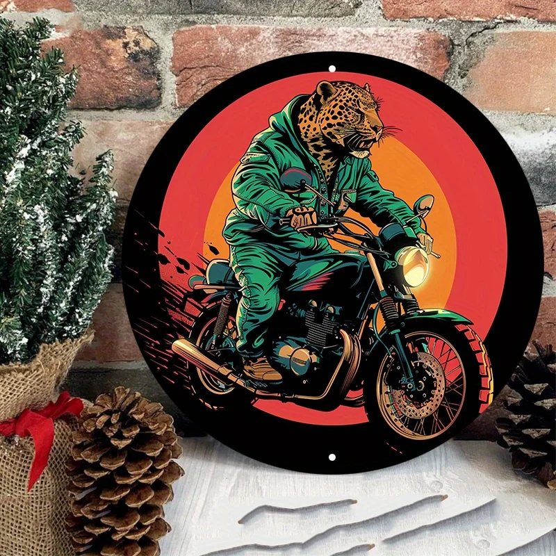 Motorcycle Riding Tiger Metal Sign, Round Aluminum Wall Art, Waterproof and Weather-Resistant, Outdoor and Indoor Decor HD Print