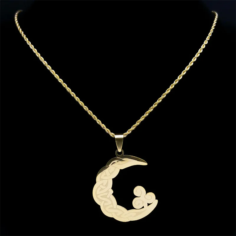 Vintage Crescent Moon Triquetra Trinity Men's Necklace Stainless Steel Gold Plated Witch Celtic Knot Necklaces Jewelry N8242S08