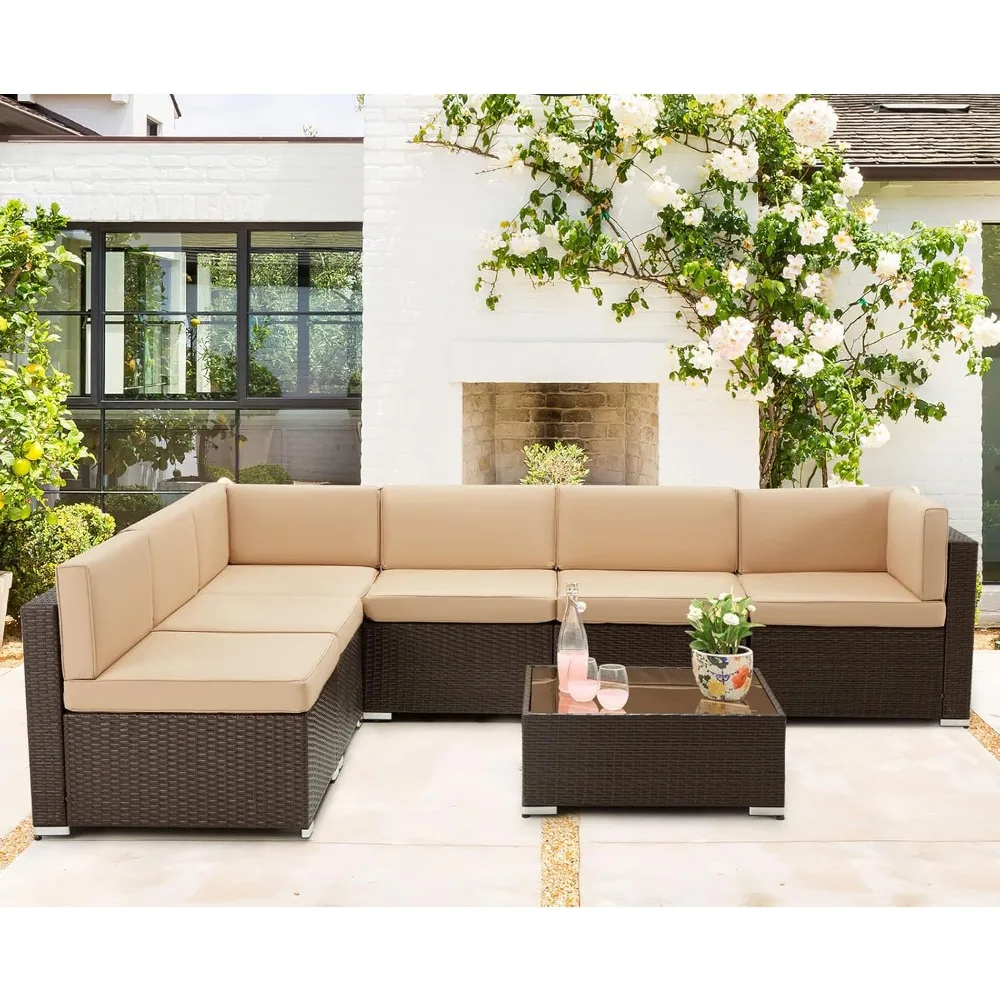 Mobília ao ar livre do pátio Set,PE Rattan Wicker Sofá Set, cadeira secional com almofadas e mesa de chá, 7 PCs