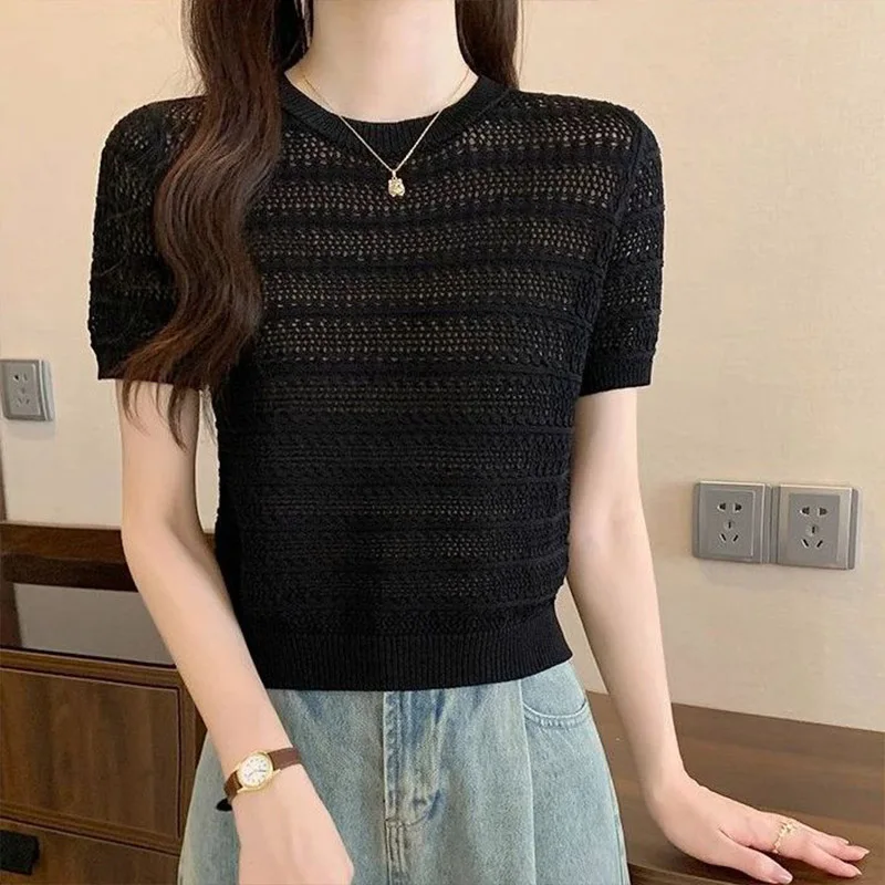 Summer Fashion Loose Hollow Out Knitted T-shirt Women Clothing Casual All-match O-neck Short Sleeve Top Tee Ice Shreds Thin Tops