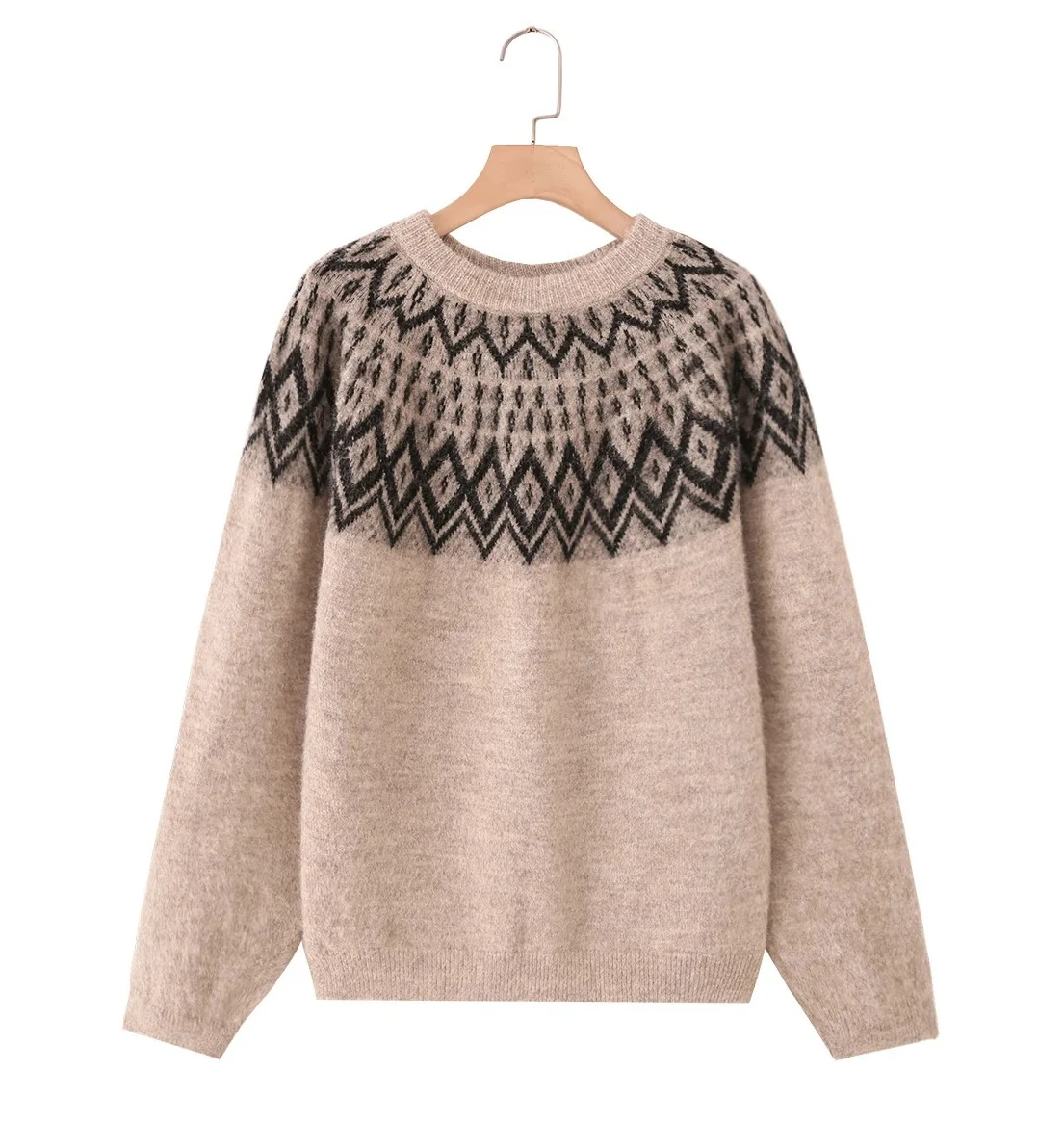 女性用新作カジュアルファッション、ゆったりとしたラウンドネック、パッチワークカラーブロック、ジャカードニットセーター