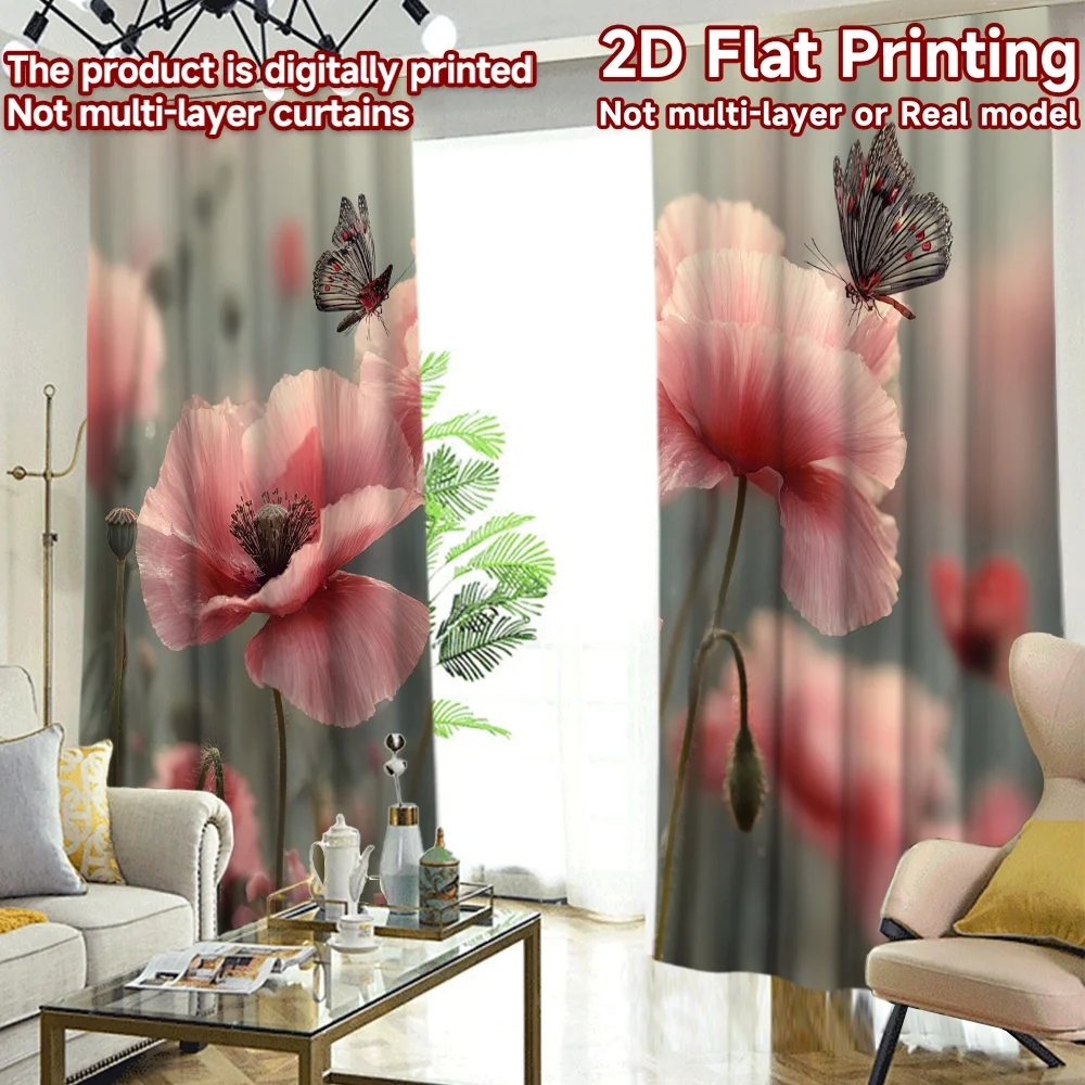 2D FLAT PRINTING 2pcs Curtains (Without Rod) Spring Flowers and Butterflies Chic Light Filtering Curtains Versatile Polyester